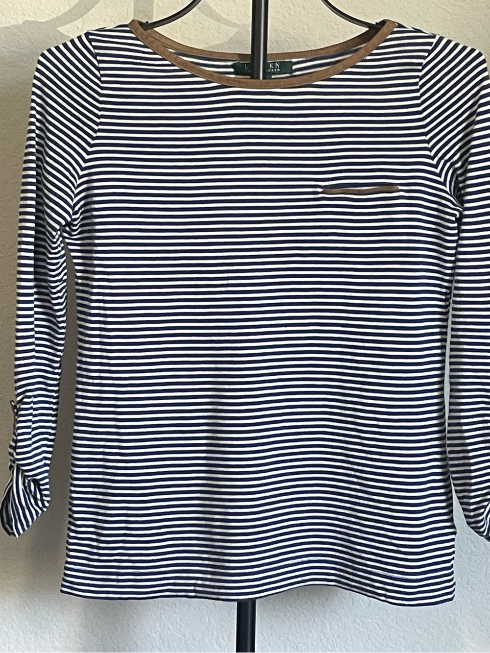 Ralph Lauren Nautical Navy and White Striped Long Sleeve Top with Brown Trim